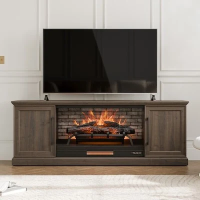 allen + roth 72-in W Brown Walnut TV Stand with Infrared Quartz Electric Fireplace
