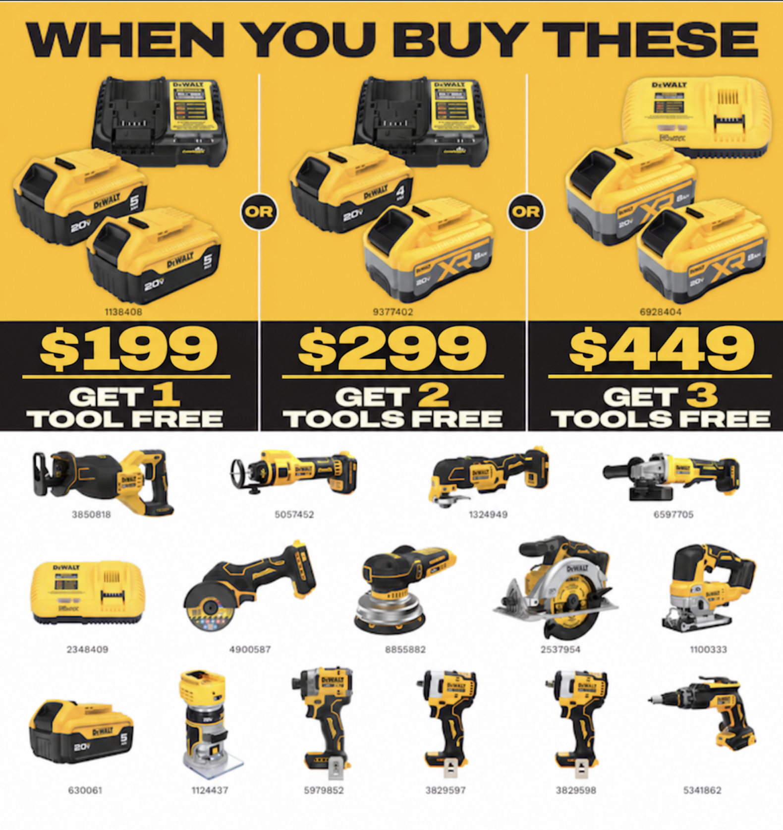 DEWALT promotion guide showing $199 get one tool, $299 get two tools and $449 get three tools offers, subject to current Lowe’s terms